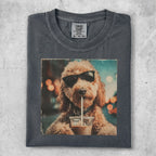 Labradoodle wearing sunglasses drinks from a cup with a straw.
