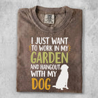 T-shirt with white graphic of dog and text about gardening and dogs.