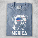 Boxer dog wearing American flag sunglasses, with text "MERICA".