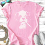 Pink t-shirt with white silhouette of dog wearing cigarette.