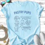"Pastry Pups" t-shirt design with illustrated dog breeds as pastries.