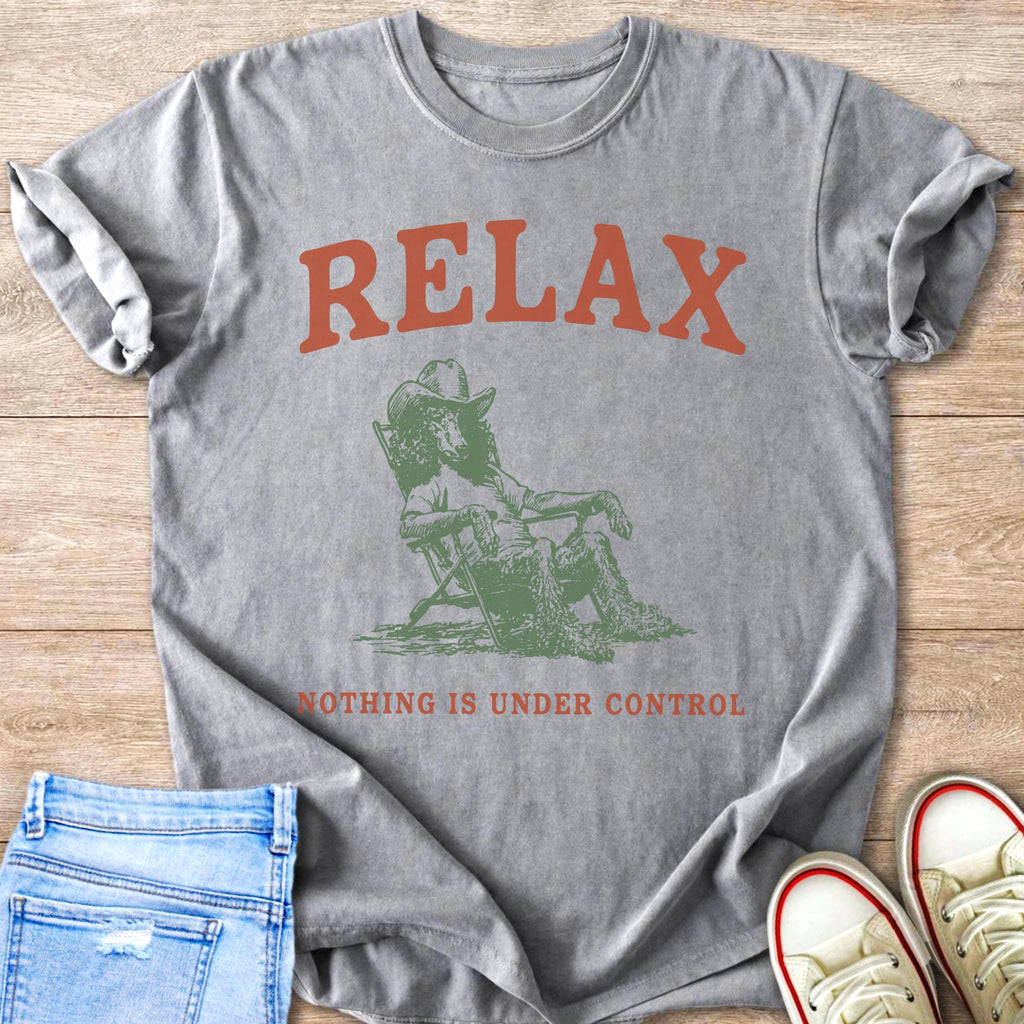 Grey t-shirt with "RELAX" and a graphic of a sheep in a cowboy hat relaxing.