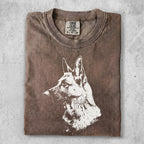 Brown t-shirt with a large German Shepherd silhouette graphic.