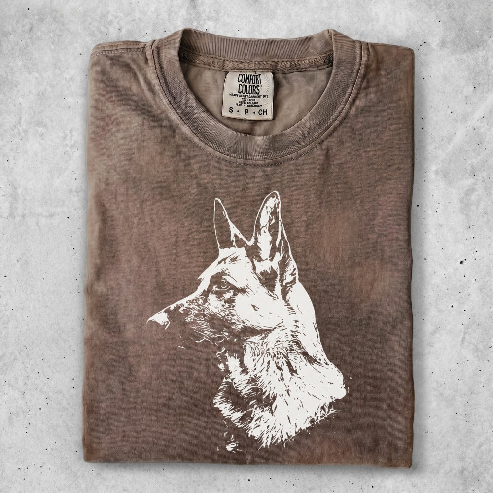 Brown t-shirt with a large German Shepherd silhouette graphic.