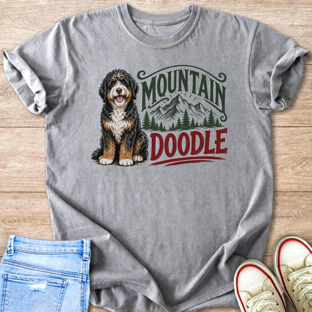 Gray t-shirt with a 'Mountain Doodle' graphic featuring a dog and mountains.