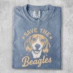 Beagle graphic on vintage-style blue t-shirt that says "SAVE THE Beagles".