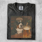 Bernese Mountain Dog wearing sunglasses and hat, pouring beer into mug.