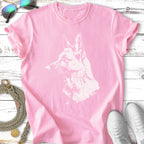 Pink t-shirt with a white German Shepherd dog silhouette.