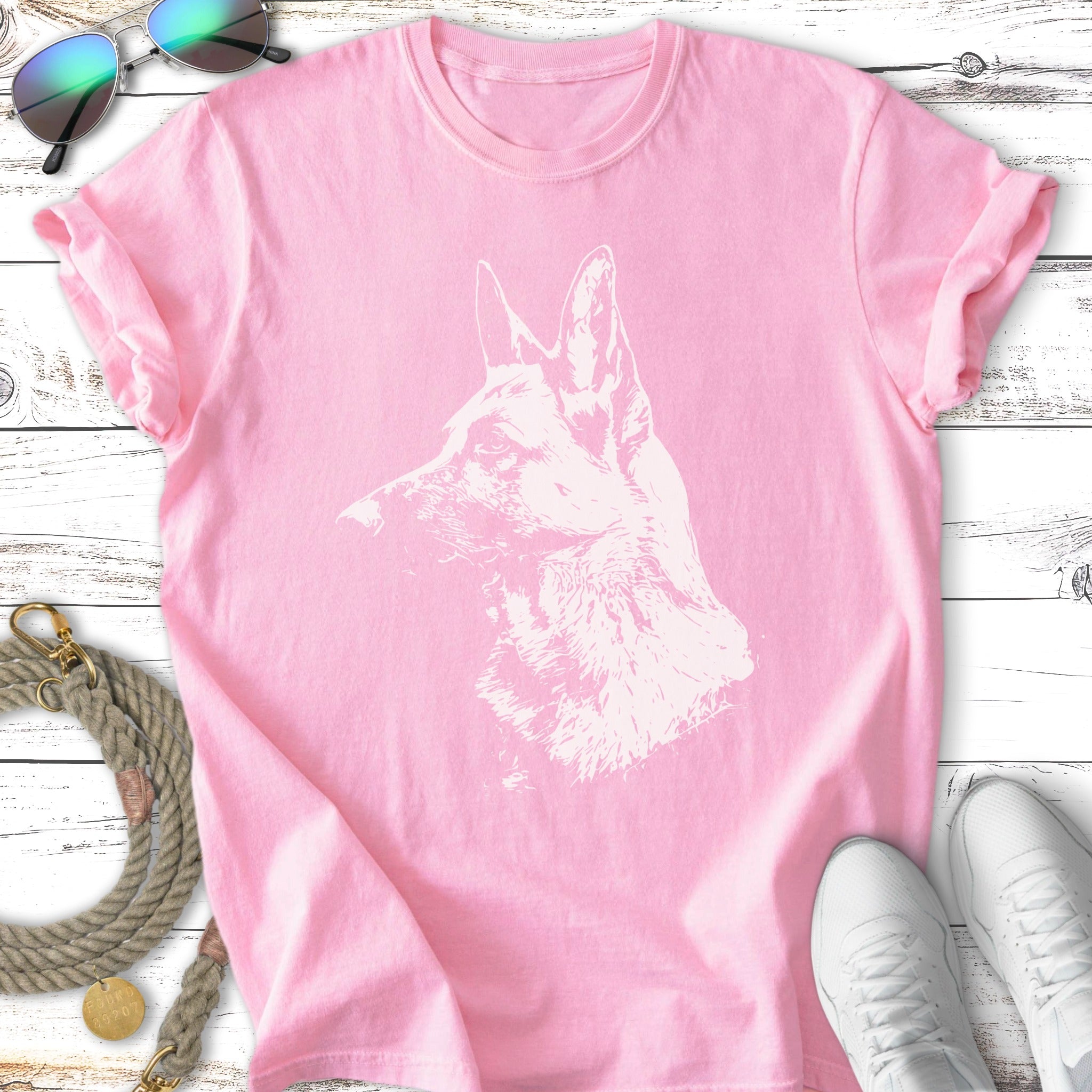 Pink t-shirt with a white German Shepherd dog silhouette.