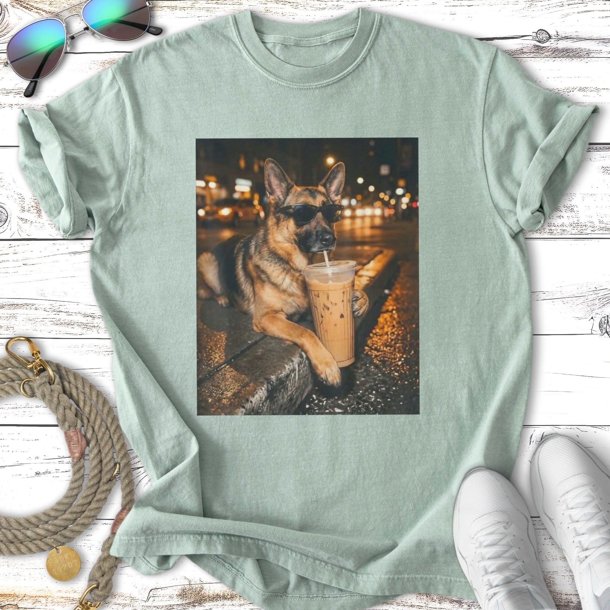 German Shepherd wearing sunglasses drinks iced coffee.