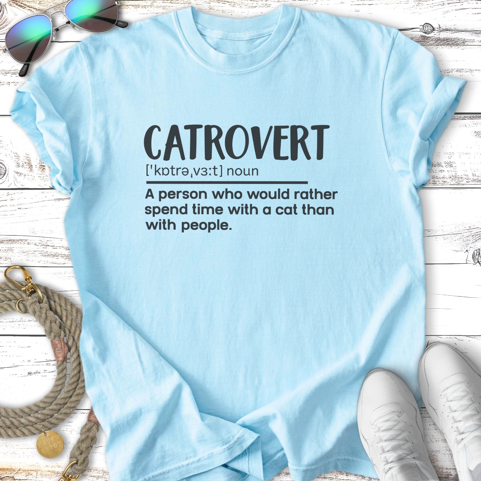 Light blue t-shirt with "CATROVERT" text and definition.