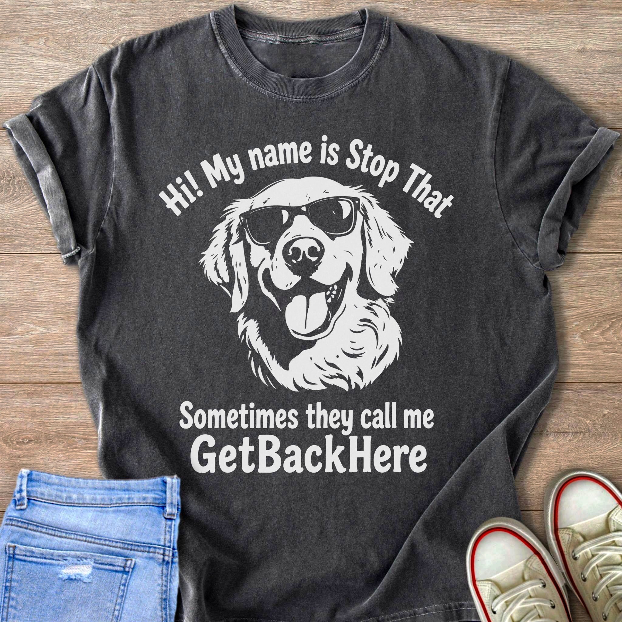 Dark gray t-shirt with a graphic of a dog wearing sunglasses and text.
