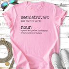 Pink t-shirt with "weenietrovert" definition and illustration of a dachshund.
