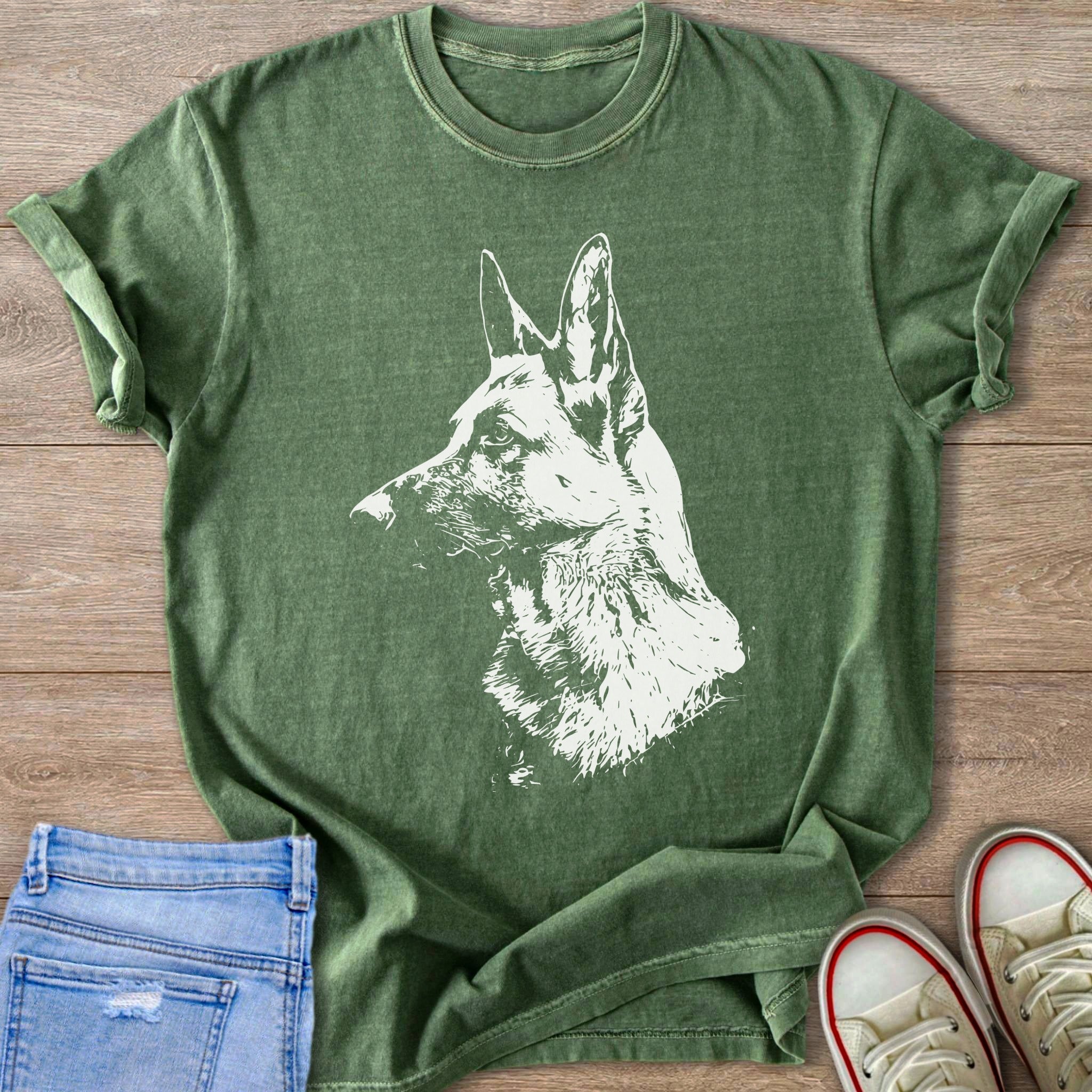 Green t-shirt with white German Shepherd head graphic and rolled sleeves.