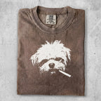 T-shirt with a faded brown graphic of a dog smoking a cigarette.