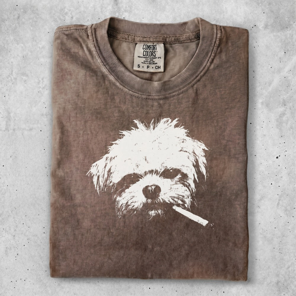 T-shirt with a faded brown graphic of a dog smoking a cigarette.