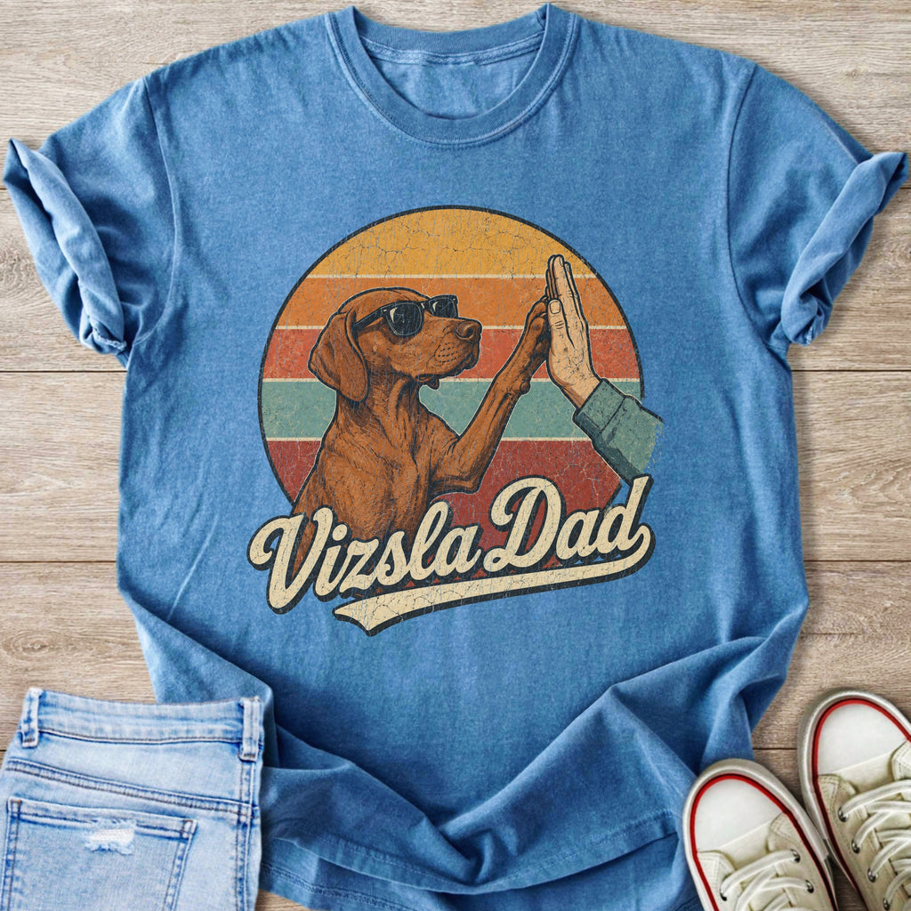 Vizsla dog in sunglasses gives a high five with the text "Vizsla Dad."