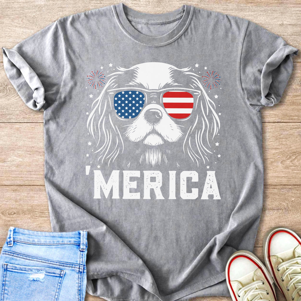 Grey t-shirt with white dog wearing American flag sunglasses and text "'MERICA".