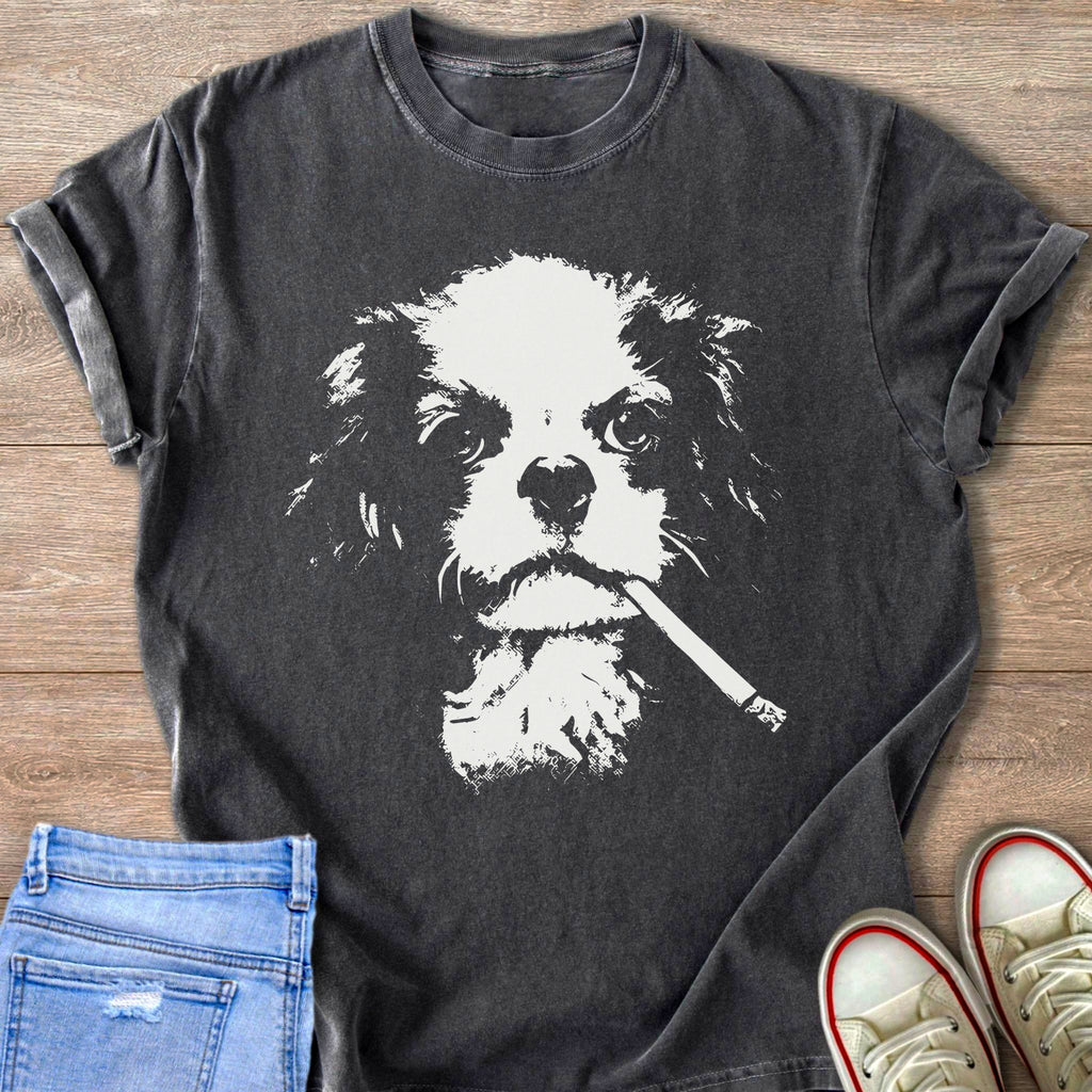 Dark grey t-shirt with a white graphic of a dog smoking a cigarette.