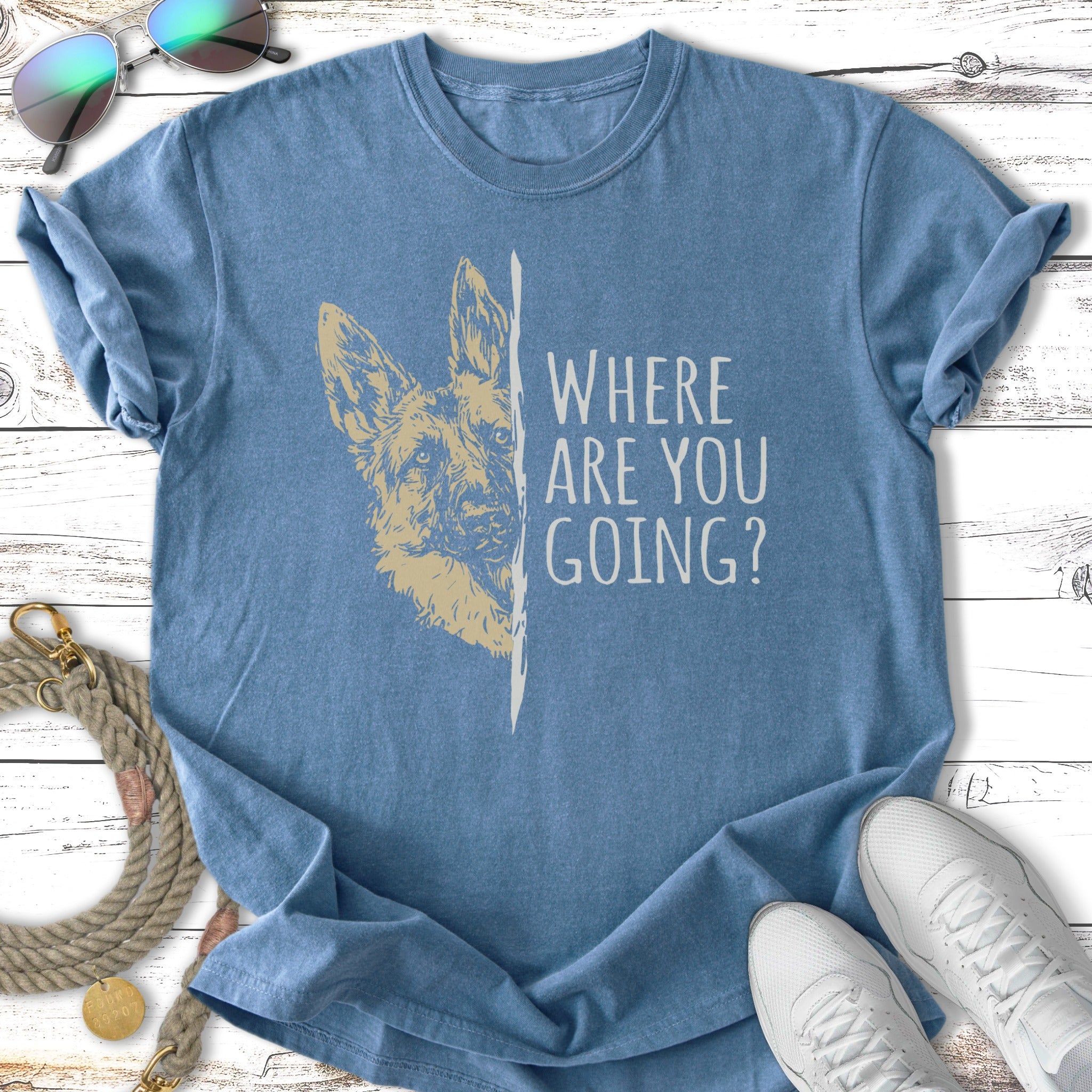 Blue t-shirt with German Shepherd illustration and text "WHERE ARE YOU GOING?".