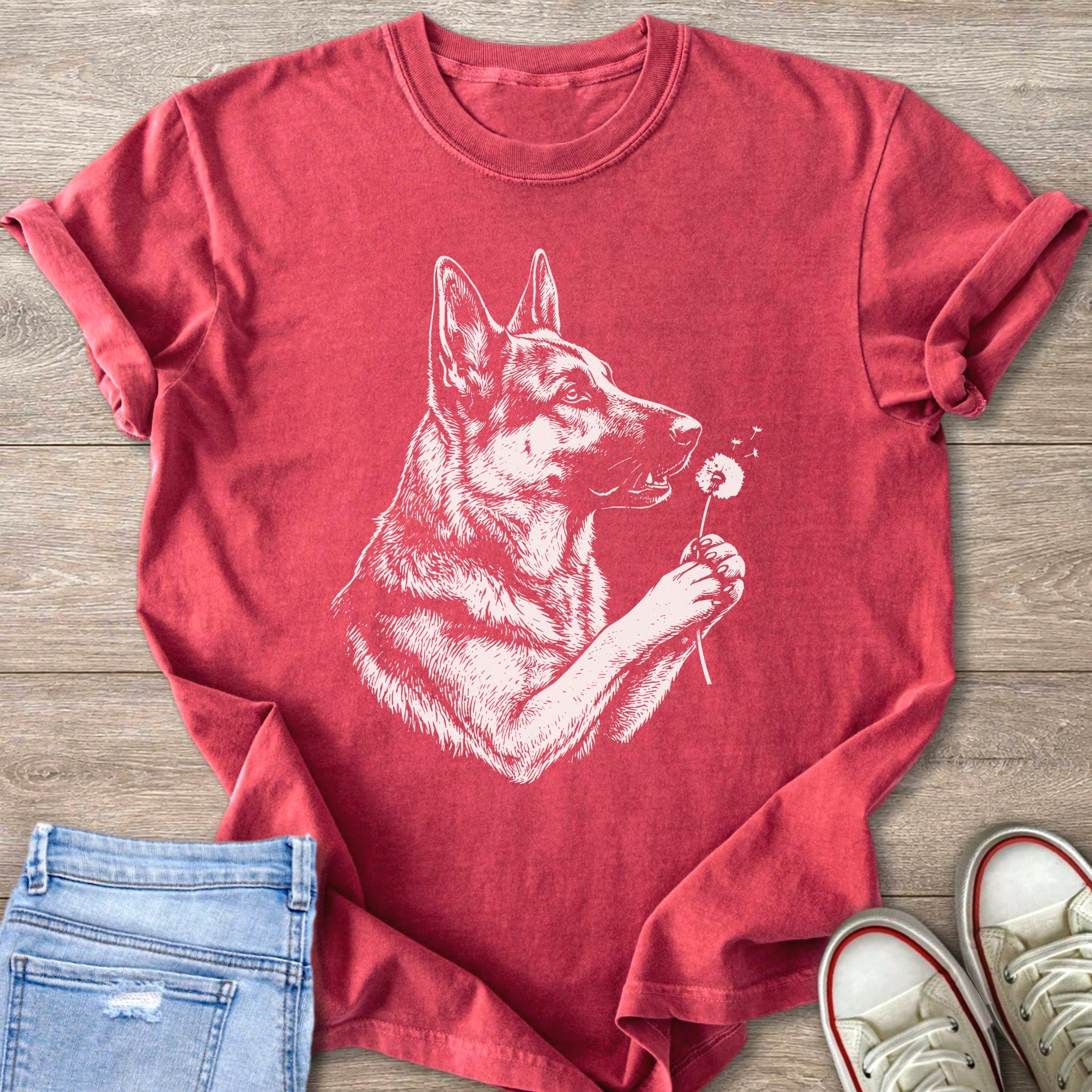 Red t-shirt with white sketch of German Shepherd holding dandelion.