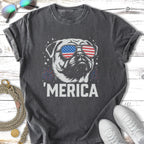 Pug wearing American flag sunglasses, "MERICA" text, fireworks.