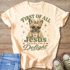 French bulldog in bandana and sunglasses holding coffee mug with text.