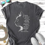 T-shirt with cat silhouette and text: Cats are not just cats, they are sanity, happiness, teachers, therapists and best friends.