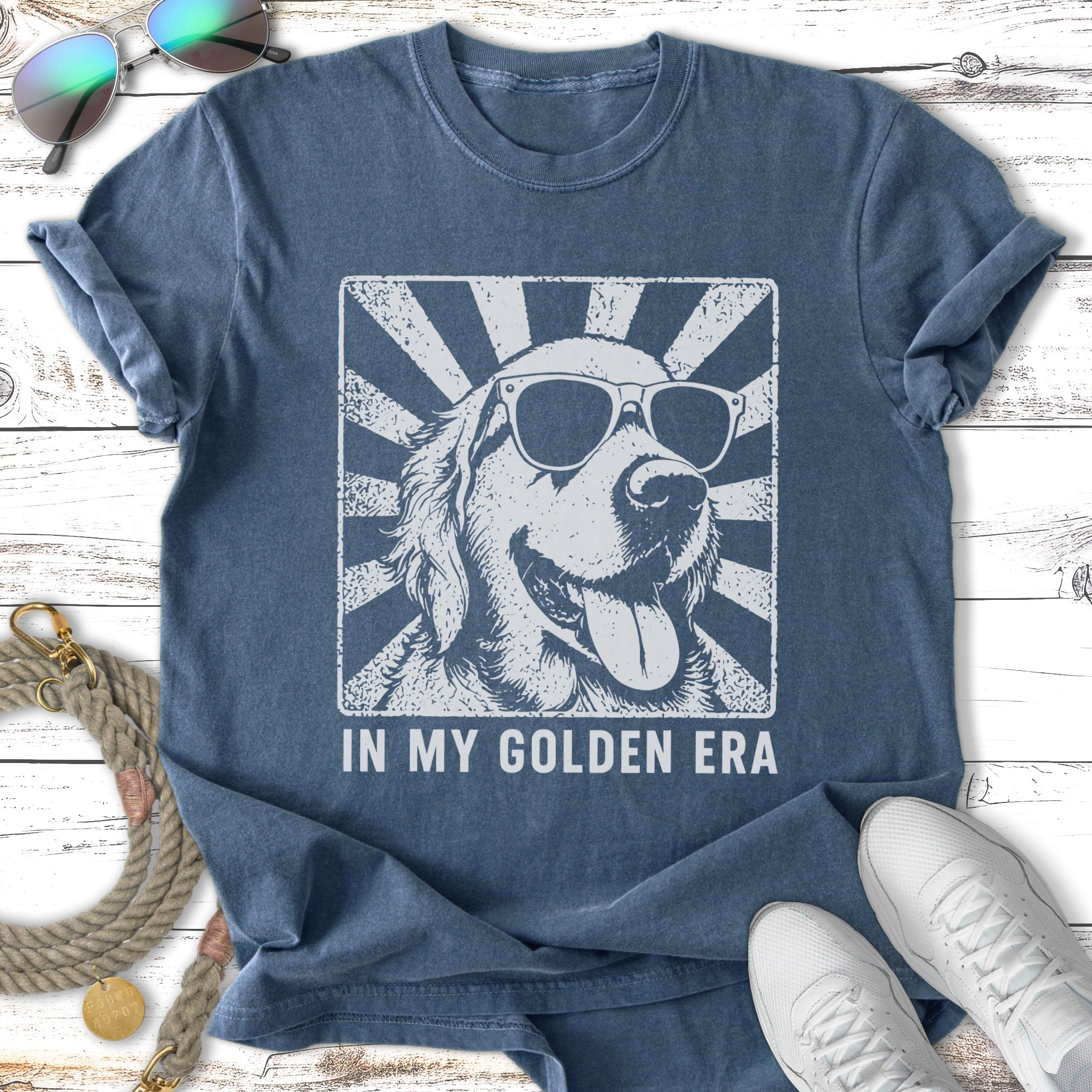 Golden Retriever wearing sunglasses with text "IN MY GOLDEN ERA".