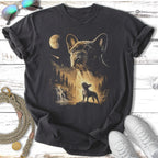 French Bulldog in a dramatic forest scene with moon and waterfall.