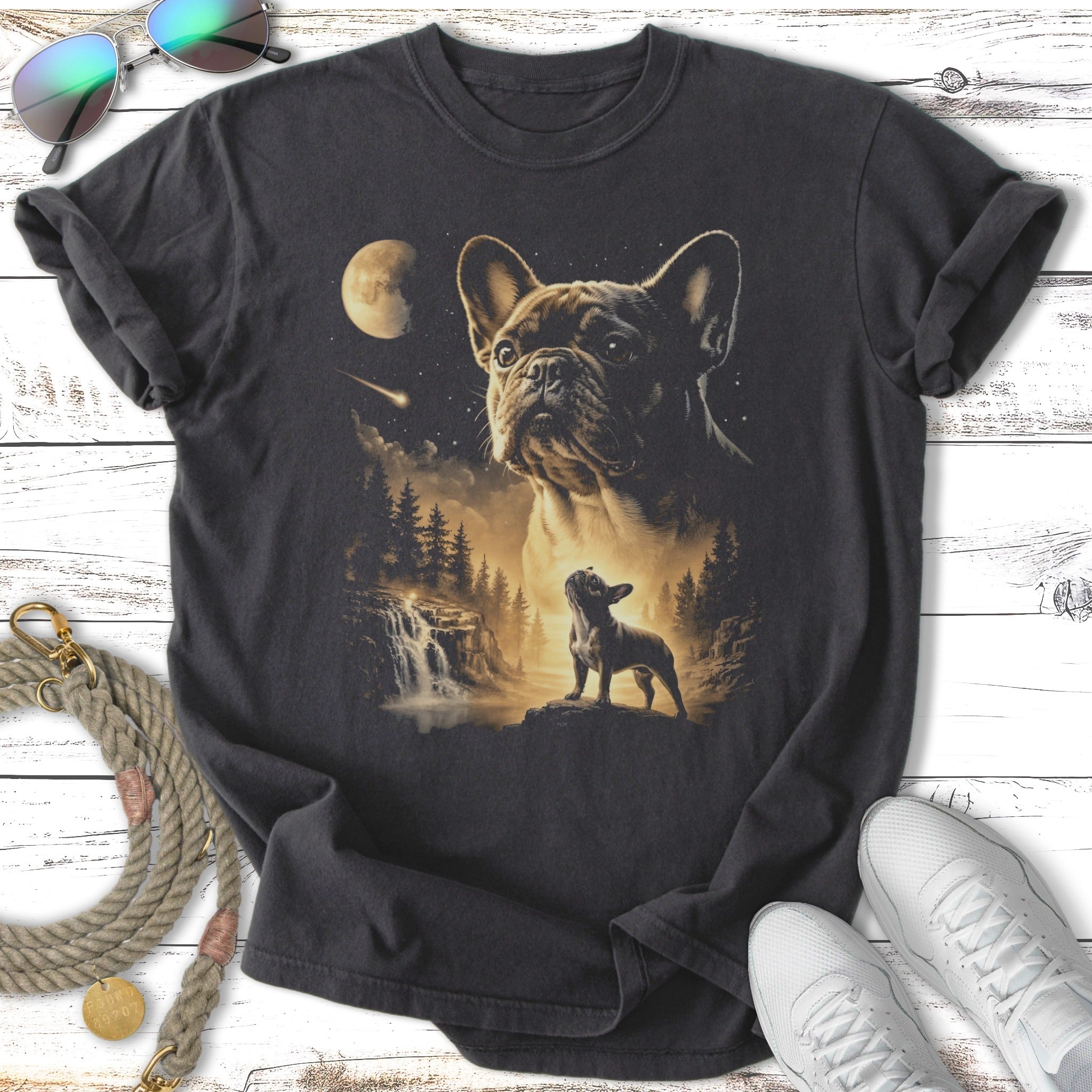 French Bulldog in a dramatic forest scene with moon and waterfall.