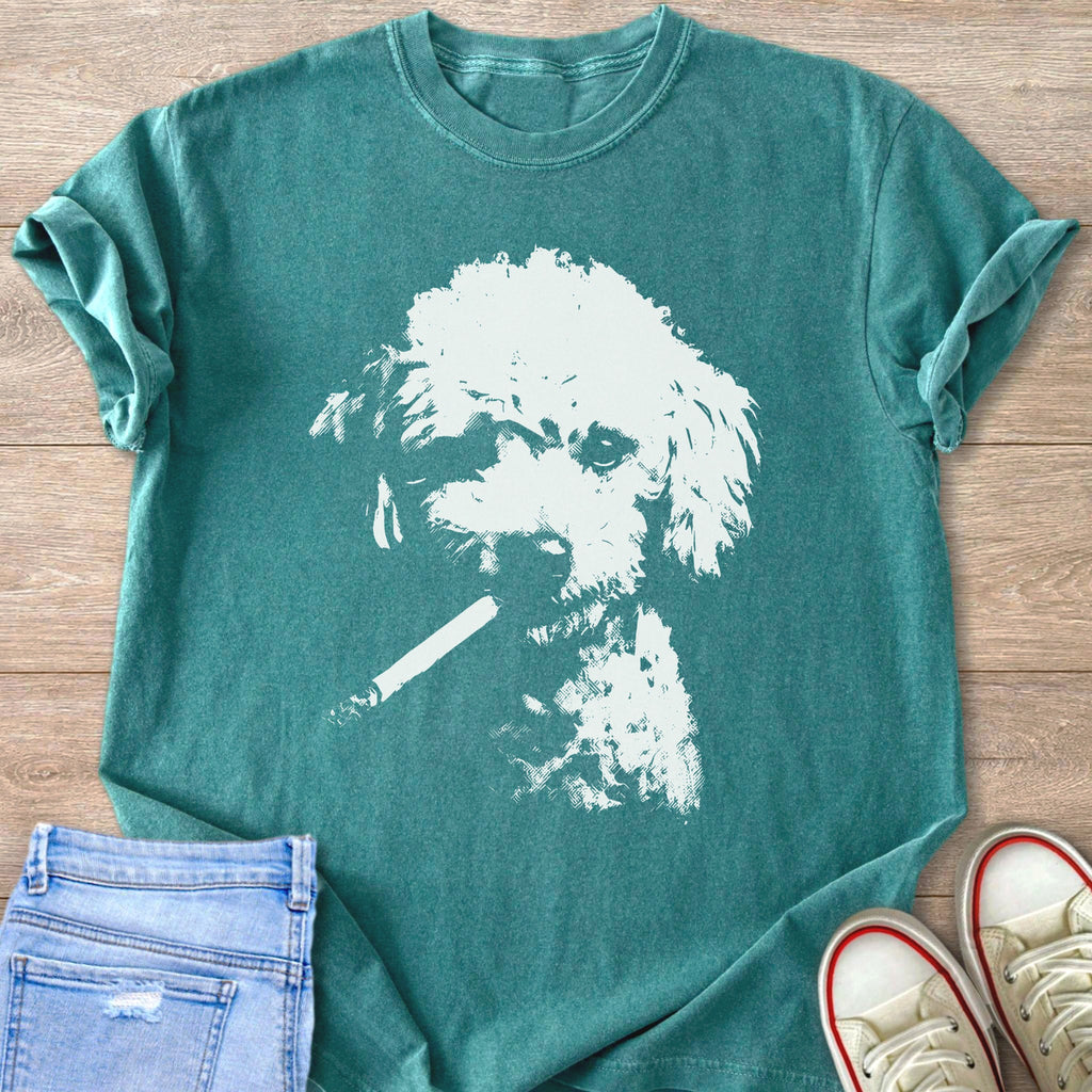 Teal tee with white graphic of poodle smoking a cigarette