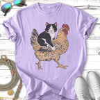 Black and white cat riding a chicken, with sunglasses and shoes.