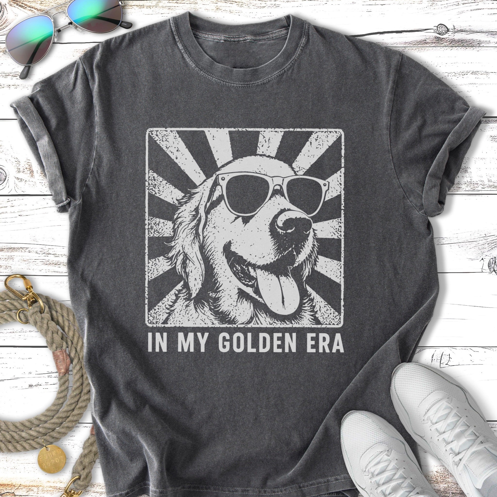 T-shirt with a Golden Retriever wearing sunglasses and the text "IN MY GOLDEN ERA".