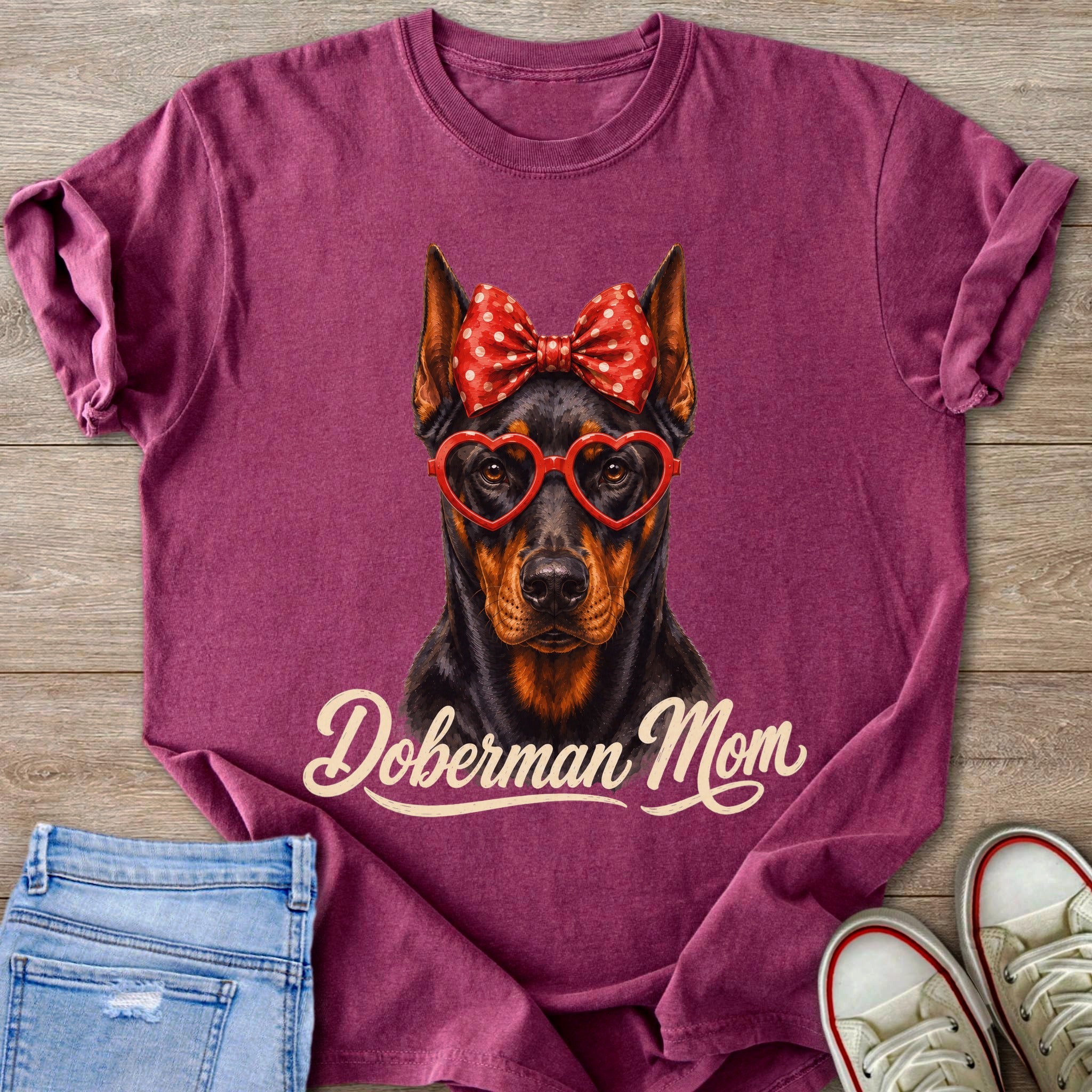 Doberman wearing red polka dot bow and heart glasses, with "Doberman Mom" text.