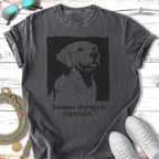 T-shirt with black distressed print of a golden retriever and text.