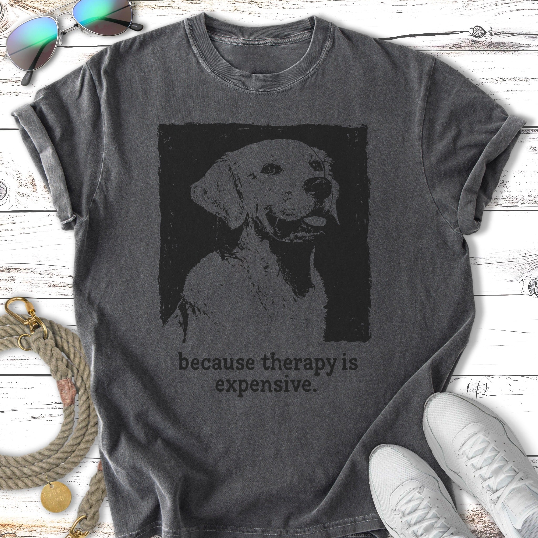T-shirt with black distressed print of a golden retriever and text.