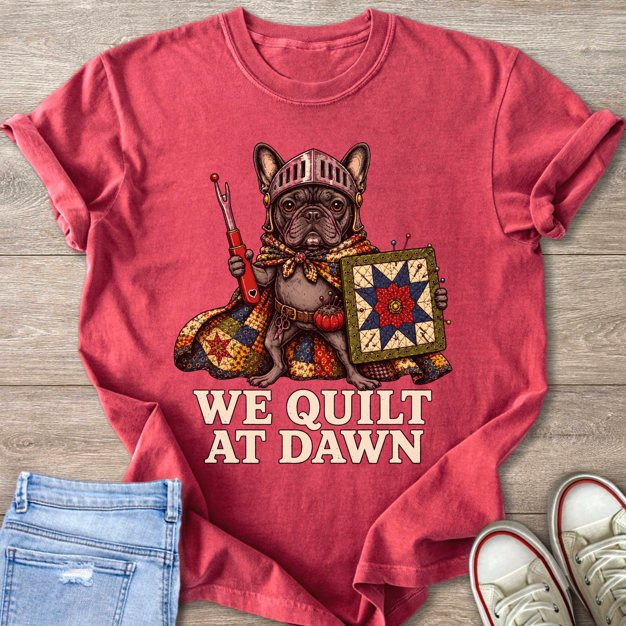 French bulldog in armor holding a seam ripper and a quilt, text "WE QUILT AT DAWN".
