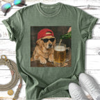 Golden retriever wearing sunglasses and a red baseball cap pours beer.