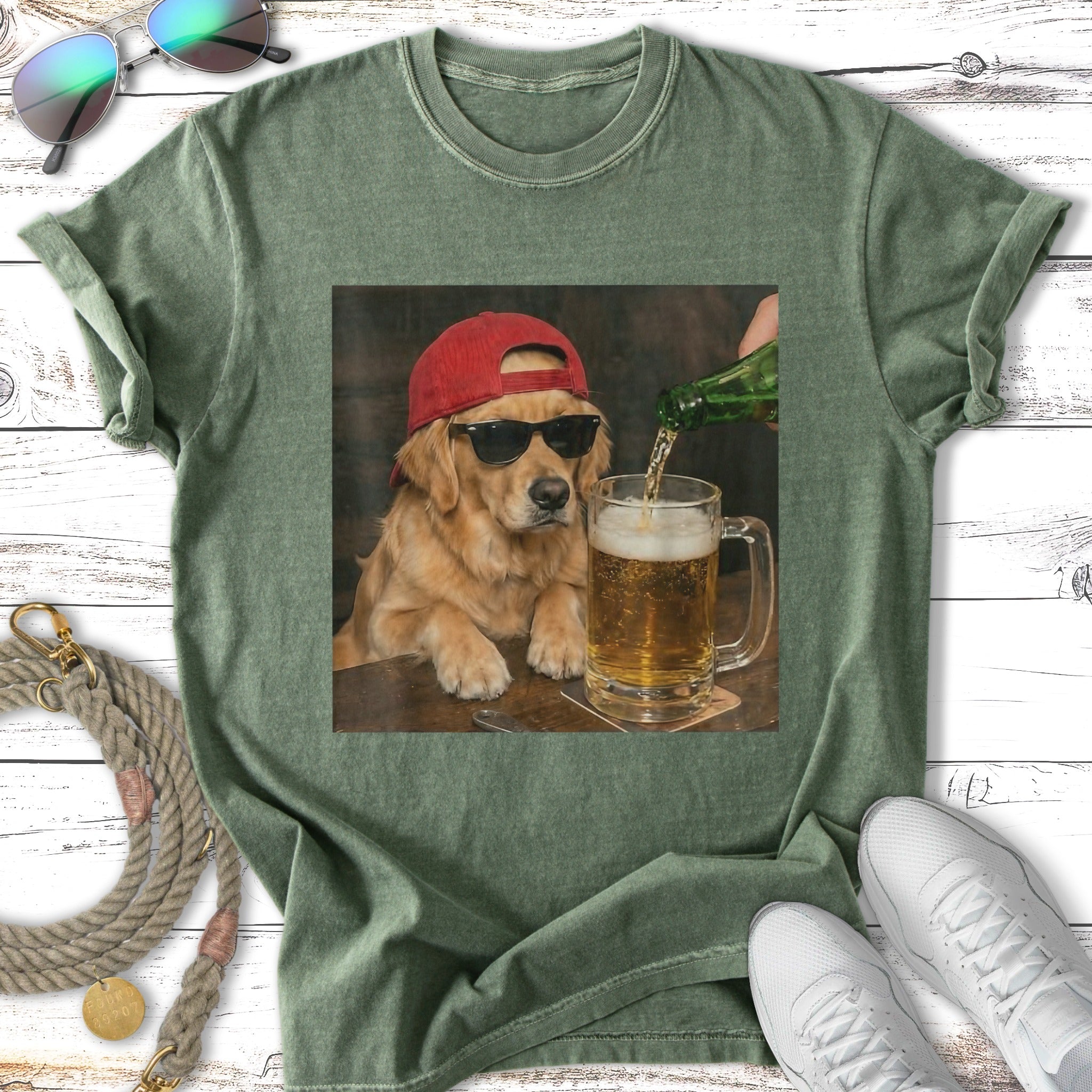 Golden retriever wearing sunglasses and a red baseball cap pours beer.