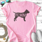 Pink t-shirt with black Pit Bull silhouette and "PIT MOM" text.