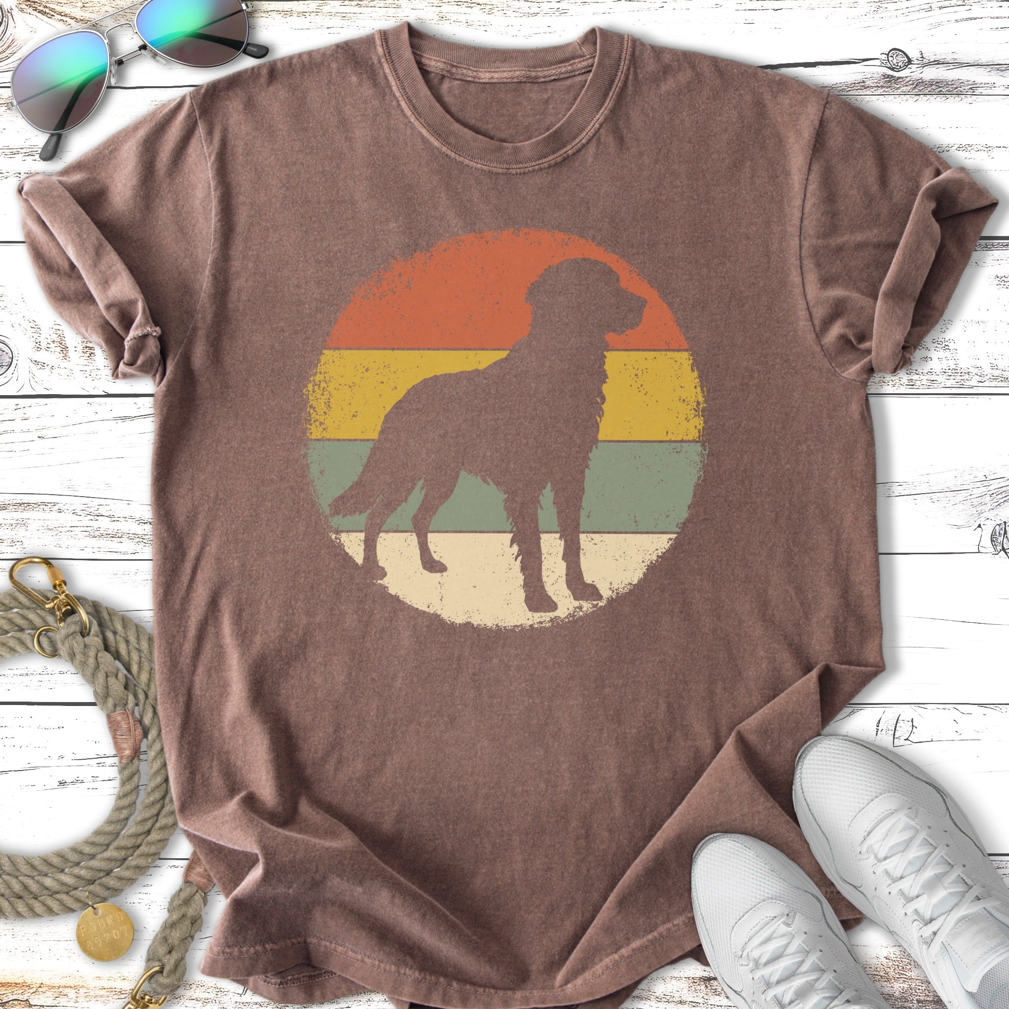 Brown t-shirt with vintage sunset graphic and dog silhouette.