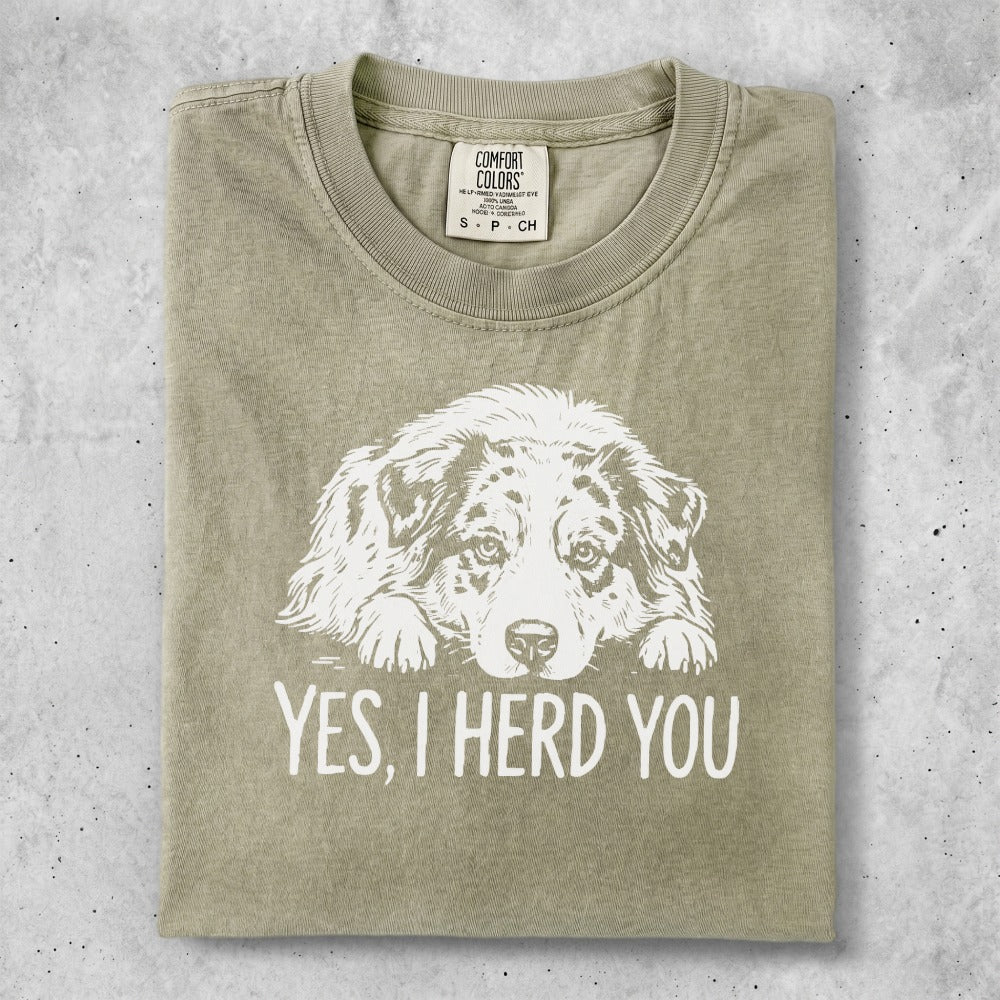 T-shirt with dog graphic and "YES, I HERD YOU" text.
