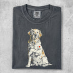 Golden Retriever wearing "I ❤️ DAD" heart on chest.