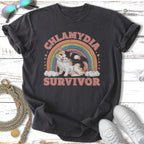 Chlamydia survivor text on a vintage rainbow t-shirt.