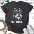Dark t-shirt with white graphic of dog wearing American flag sunglasses and text 'MERICA.