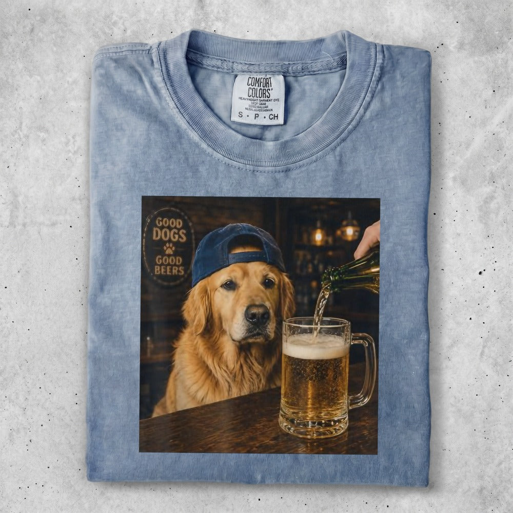 Golden retriever wearing a baseball cap pours a beer at a bar.