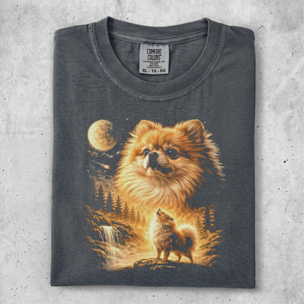 T-shirt featuring a Pomeranian dog howling at the moon in a forest scene.