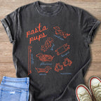 Dark gray t-shirt with "pasta pups" text and dachshunds shaped like pasta.