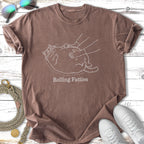 Brown t-shirt with a line drawing of a cat being petted, text reads "Rolling Fatties".